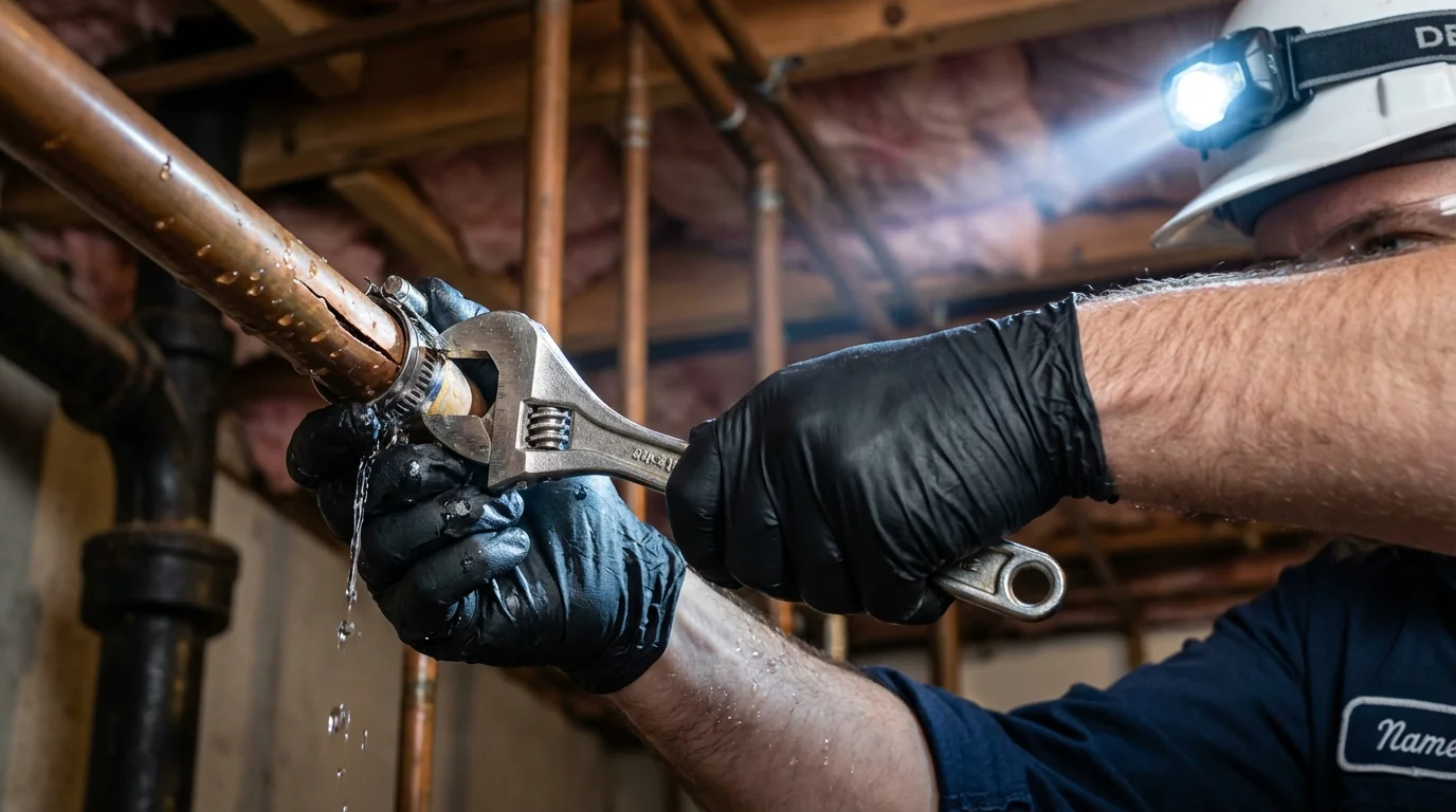 Emergency pipe clamp repair being performed by a Johns Plumbing LLC plumber in Ashburn