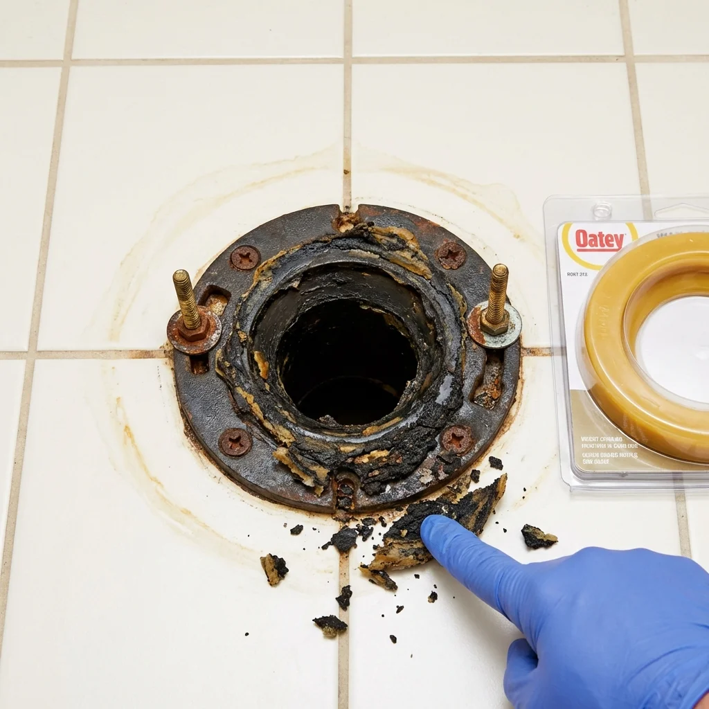 Failed wax ring showing water seepage at the base of a toilet in a Ashburn, GA home