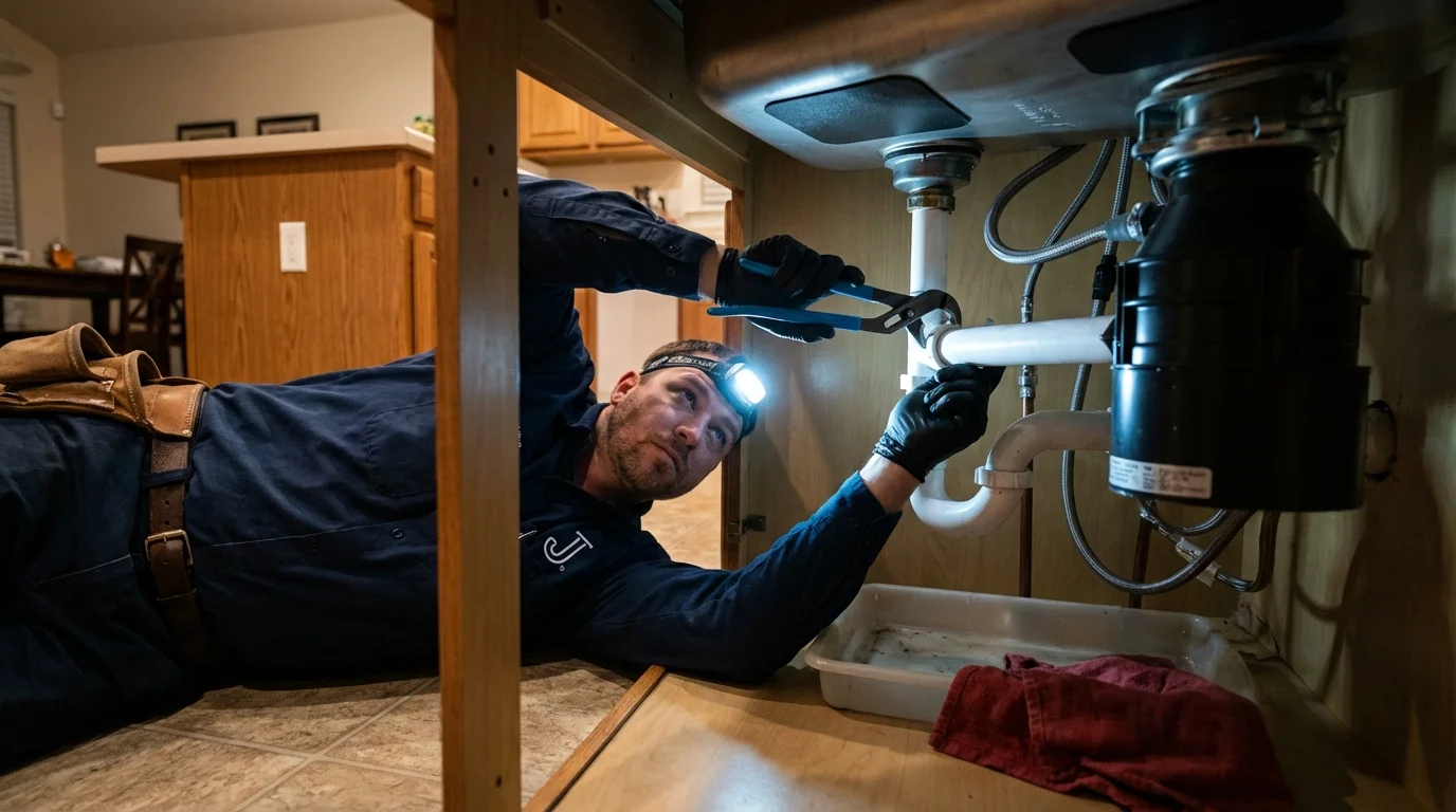 P-trap and supply line connections under a kitchen sink showing a common leak point in Ashburn, GA